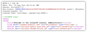A (partial) response, from the SillySIP administrative console, for a successful login